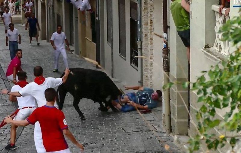 Зритель попал на рога во время забега быков