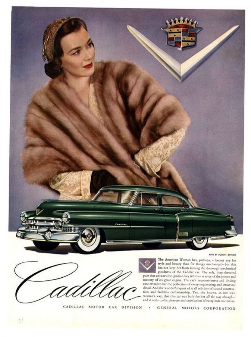Женщины в мехах на рекламных постерах Cadillac начала 50-х годов