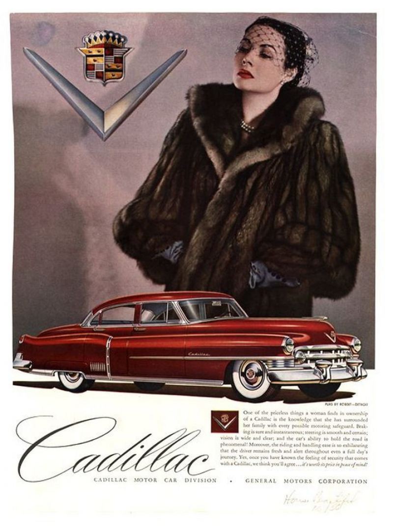 Женщины в мехах на рекламных постерах Cadillac начала 50-х годов