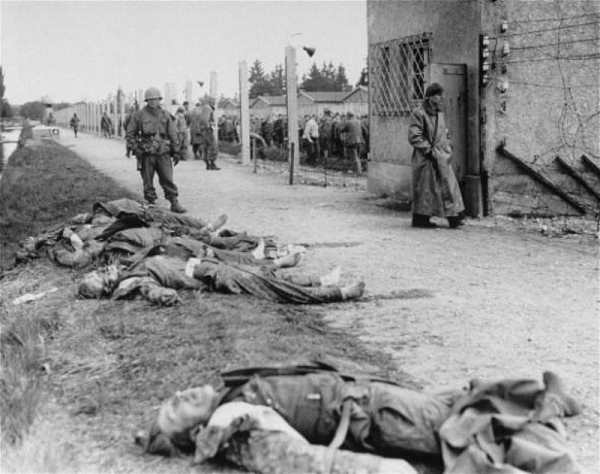 Американский солдат возле тел эсэсовцев